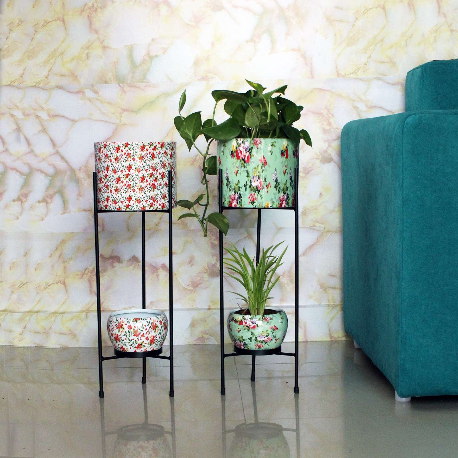 Two layer Planter Stand with Printed Metal Pots
