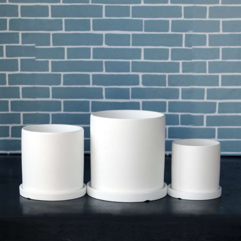 Matte White Ceramic Cylindrical Pot with Tray