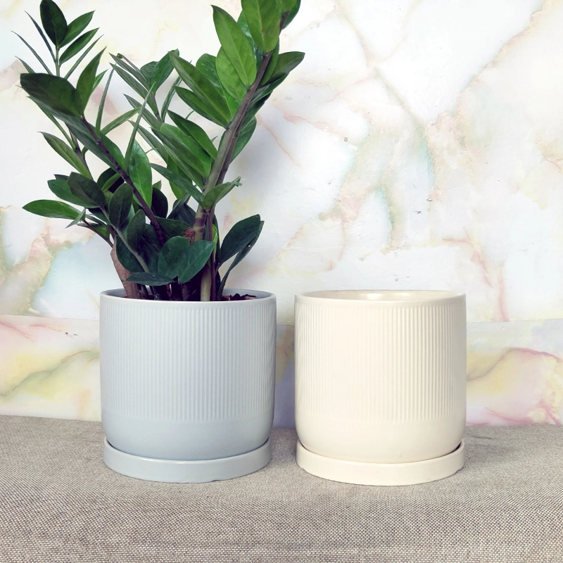 Vertical stripped ceramic pot with tray